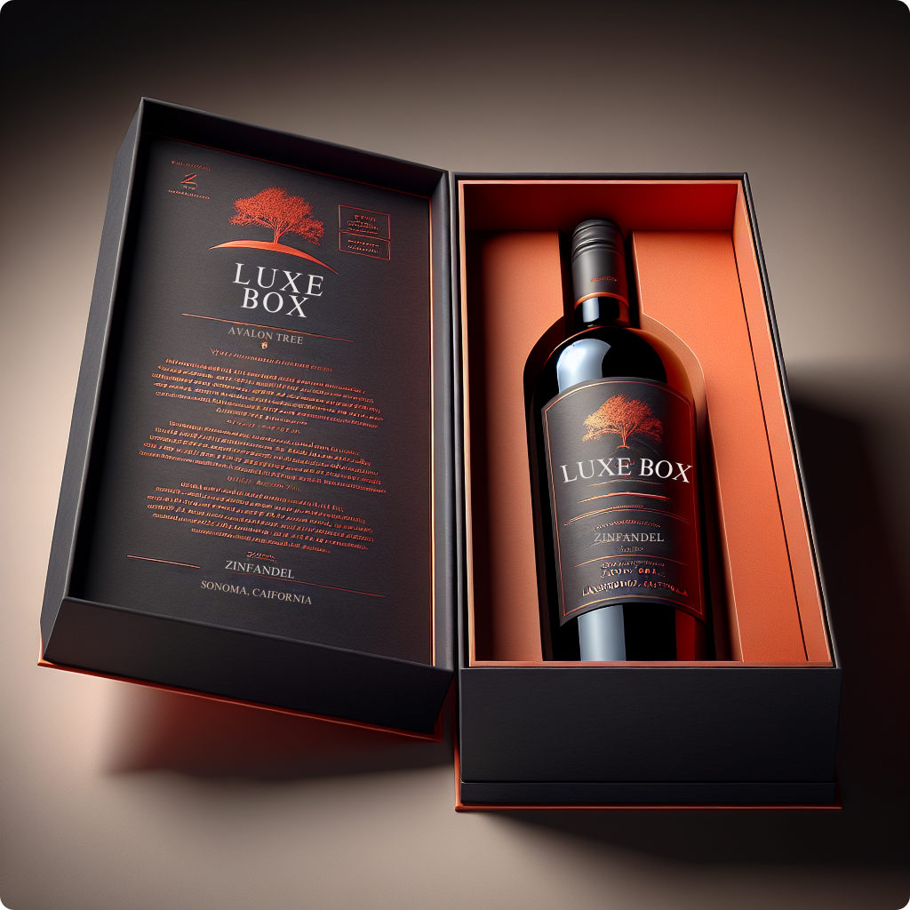Custom wooden wine gift box with printed label panel — luxury spirits packaging Luxe Box